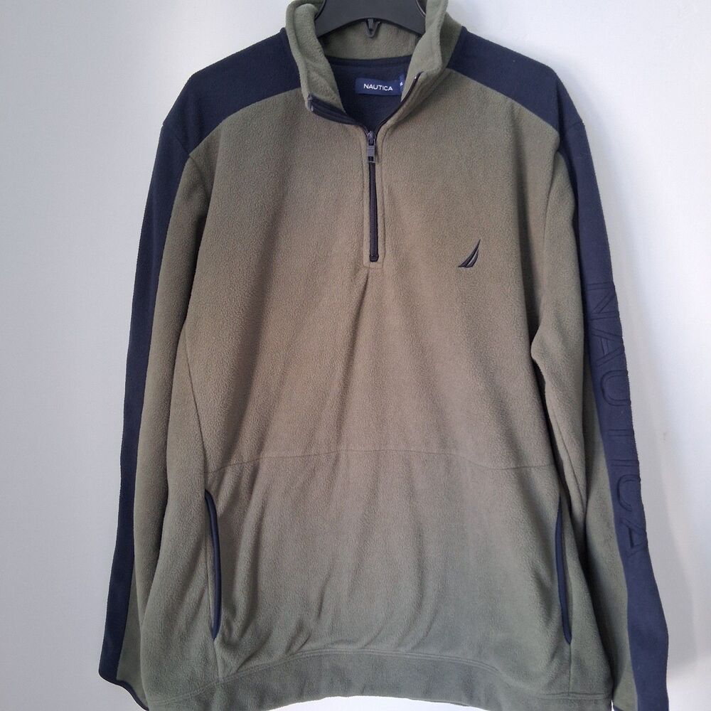 Nautica Men’s Fleece Pullover 1/4 Zipper Olive Green Navy Blue size XXL